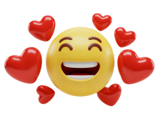 Joyful yellow emoji face surrounded by vibrant red hearts expressing love and happiness isolated on transparent background