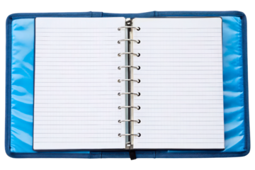 Open ring binder with blank lined pages for taking notes isolated with transparent background