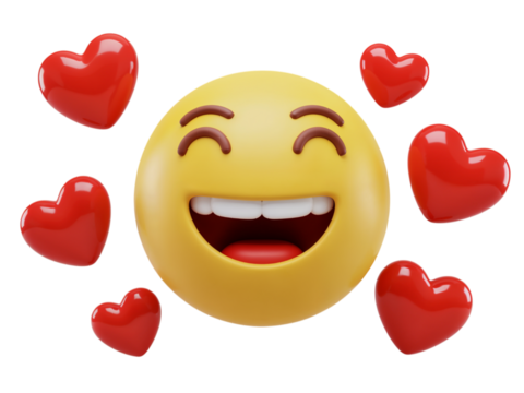 Joyful laughing emoji surrounded by red hearts expressing love and happiness isolated on transparent background