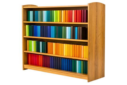 Wooden bookshelf filled with books organized by rainbow colors isolated with transparent background
