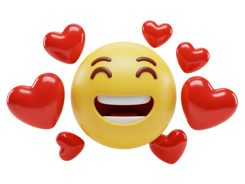 Joyful yellow emoji face surrounded by vibrant red hearts expressing love and happiness isolated on transparent background