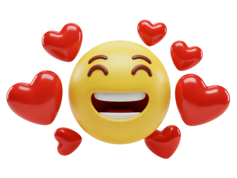 Joyful yellow emoji face surrounded by vibrant red hearts expressing love and happiness isolated on transparent background