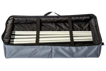 Disassembled portable stand poles in a gray carrying case isolated with transparent background