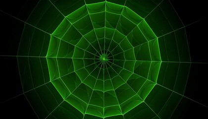 A vibrant green spiderweb design radiates outward from a central point against a dark background, showcasing intricate details and a mesmerizing effect.