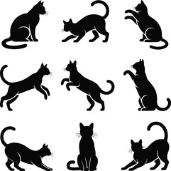 Black cat silhouette collection, feline poses vector set, sitting, jumping, stretching, playful kitten shapes, animal behavior, pet design elements