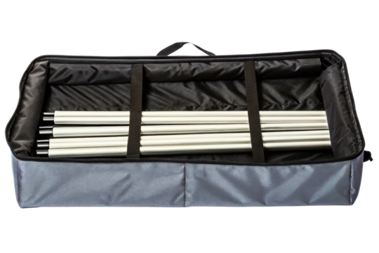 Disassembled portable stand poles in a gray carrying case isolated with transparent background