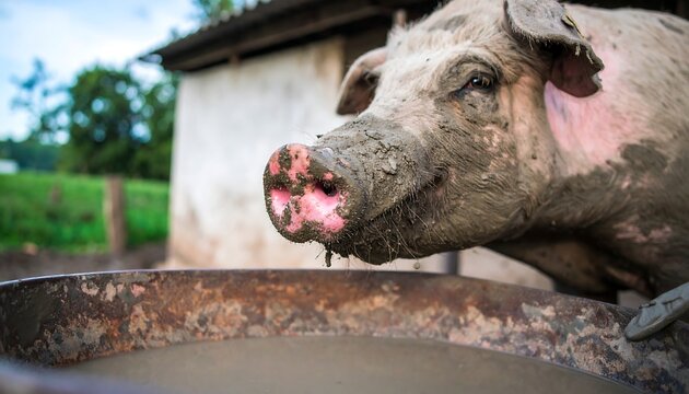 A mud-covered pig drinks from a rusty trough on a farm.