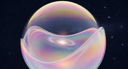 Surreal glowing holographic bubble holding galaxy inside with pastel rainbow reflections, cosmic dreamlike orb illustration symbolizing imagination, universe mystery, infinite space and futuristic art