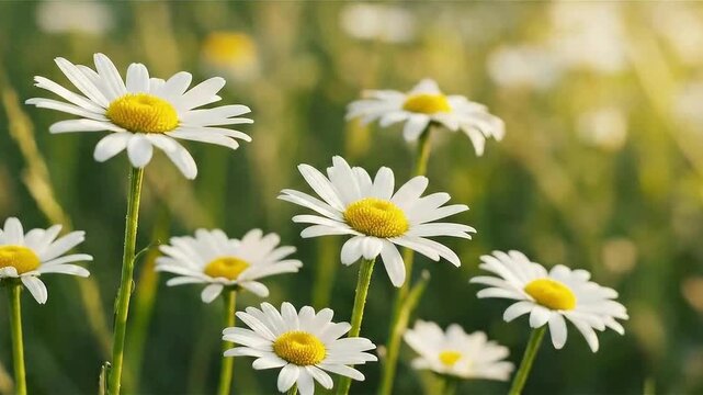White daisies field swaying in breeze, sunlit meadow nature scene

