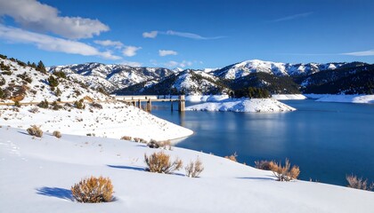 Winter landscape featuring a serene lake, snowy mountains, and clear blue sky