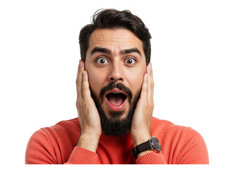 Young man with beard and open mouth expressing shock and surprise with hands on cheeks isolated on transparent background