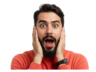 Young man with beard and open mouth expressing shock and surprise with hands on cheeks isolated on transparent background