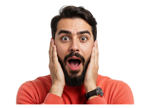 Young man with beard and open mouth expressing shock and surprise with hands on cheeks isolated on transparent background - Powered by Adobe