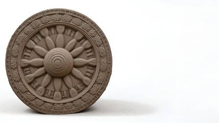 Engraved Sun. Ancient Stone Wheel Art at Konark Sun Temple, Odisha, India on White Background
