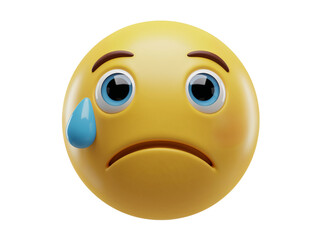 Sad emoji face with a tear rolling down its cheek conveying disappointment and unhappiness isolated on transparent background