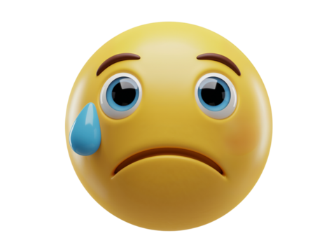 Sad emoji face with a tear rolling down its cheek conveying disappointment and unhappiness isolated on transparent background