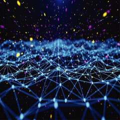 Abstract digital network visualization with interconnected nodes and glowing particles, futuristic design.