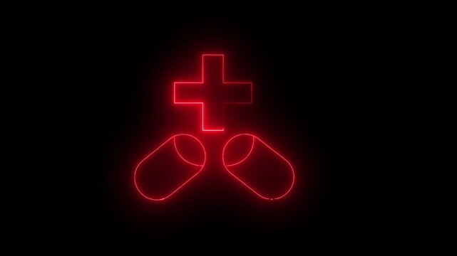 Glowing neon red colour capsule icon animation. Neon medicine icon motion graphic animation for treatment, hospitality, health care on black background.4k video
