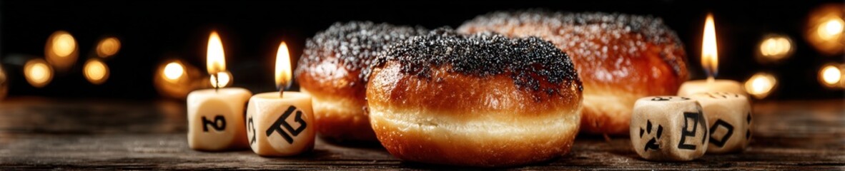 Traditional Hanukkah table with menorah, dreidels, and sufganiyot glowing under warm festive light in a detailed cultural scene.