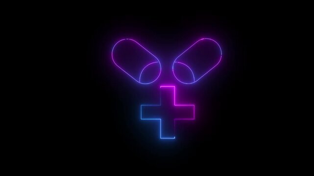 Glowing neon capsule icon animation. Neon medicine icon motion graphic animation for treatment, hospitality, health care on black background.4k video