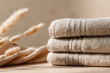 Stacked beige towels with pampas grass.