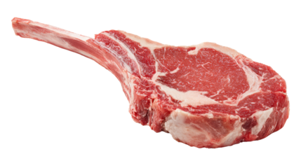 Juicy tomahawk steak, perfect for grilling, displayed on a white isolated background.