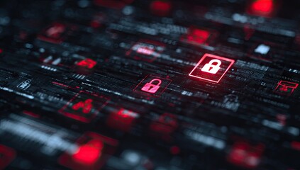 Digital security alert.  Red lock icons on a dark, data-rich surface