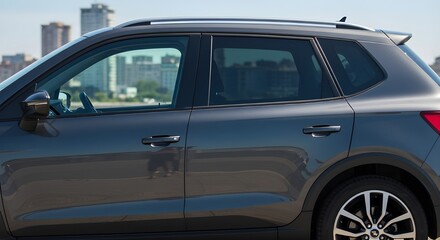 Close-up of car side view, highlighting body lines, reflective paint, and contemporary automotive design