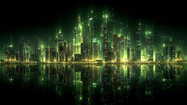 Emerald Cityscape Futuristic Skyline with Glowing Reflections and Data Streams.