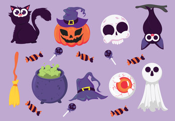 Flat style Halloween element collection with cute designs of pumpkin black cat skull ghost bat candy witch hat cauldron and broom great for spooky decorations