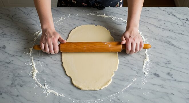 Overhead shot of hands using rolling pin to flatten dough on marble countertop