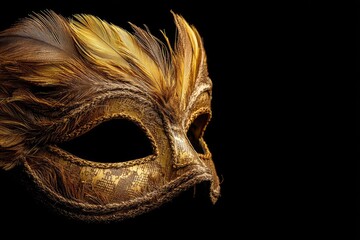 Ornate golden mask with intricate details and dramatic lighting.