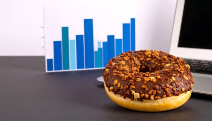Chocolate Donut Beside Waterfall Bars Chart and Laptop on a Dark Desk Performance Overview Concept