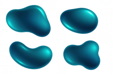 Blue liquid droplets varying in size and form suspended against transparent surface, forming minimalist graphic design element