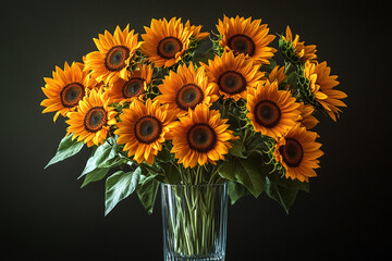 Obraz premium Bright Sunflower Bouquet in Clear Glass Vase on Table