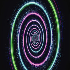 Abstract spiral tunnel of neon light effects, creating a visual vortex on black.