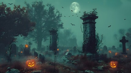 Obraz premium A fog covered graveyard under the eerie glow 