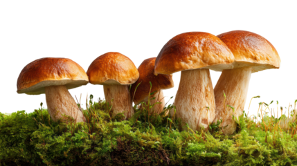 Mushrooms growing on lush green moss against a white isolated background.