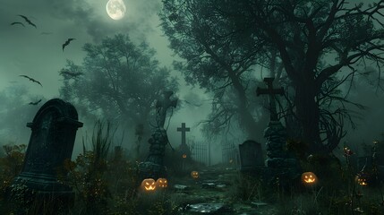 Obraz premium A fog covered graveyard under the eerie glow 