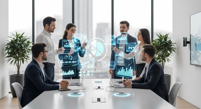 Business team in a modern office collaborating with futuristic holographic data interfaces during a meeting.
