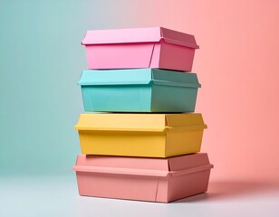 Stack of colorful packaging boxes on a pastel gradient background, clean and modern branding display.