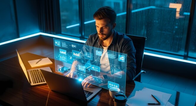 Man working on laptop with futuristic holographic interface in a modern, neon-lit office.