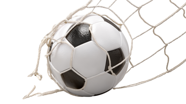 Soccer ball in net, isolated on a white background.