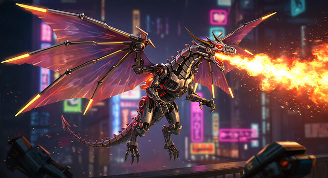 Futuristic flying fire robot and anime fire dragon in cyberpunk city illustration, walpaper dragon