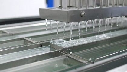 Clear Droplets Falling Into Staggered Metal Trays High Key Lighting In An Industrial Setting