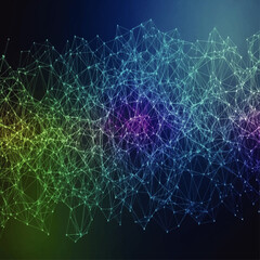 Abstract network of interconnected nodes forming a complex, colorful structure against a dark background.