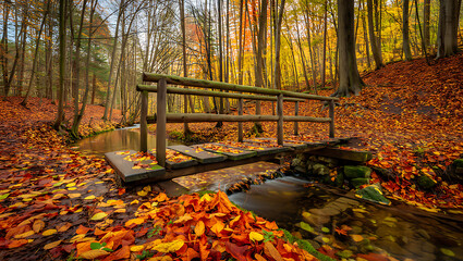 A charming rustic wooden footbridge crosses a gentle stream in a vibrant autumn forest surrounded by a carpet of fallen leaves in brilliant shades of red orange and yellow