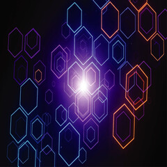 Abstract digital illustration with glowing hexagonal shapes radiating from a central light source.