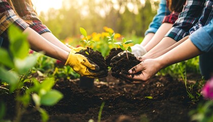 Fototapeta premium Hands carefully planting young saplings in rich, dark soil, bathed in warm sunlight, creating a harmonious scene of teamwork and nature.