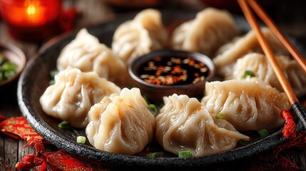 Traditional Chinese dumplings and tea on a festive table with red envelopes, captured in warm golden light and photorealistic detail.